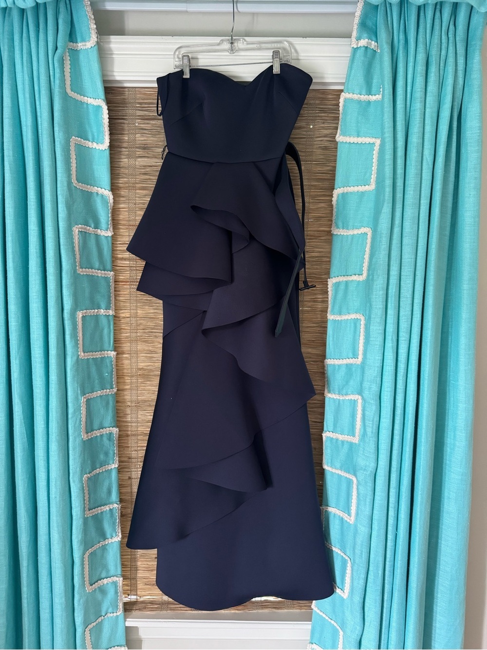 Badgley Mischka Strapless Navy Ruffle Midi Gown